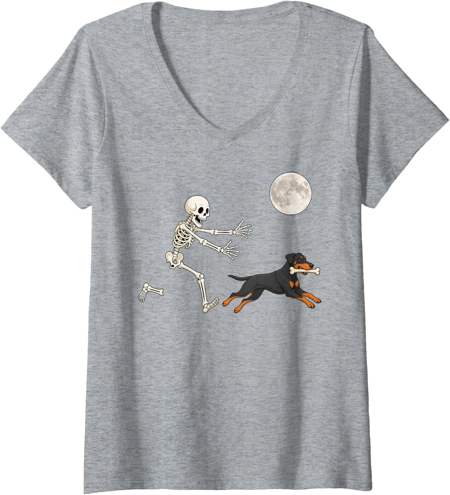 Women's Doberman Pinscher Running Skeleton Retro Halloween Dog V-Neck T-Shirt - Heather Grey