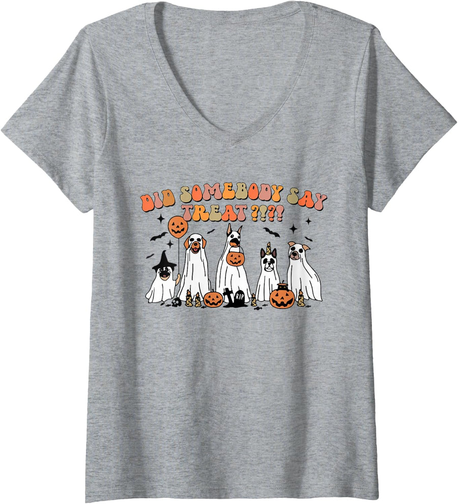 Women's Did Somebody Say Treat Ghost Dogs Lovers Halloween Costume V-Neck T-Shirt - Heather Grey