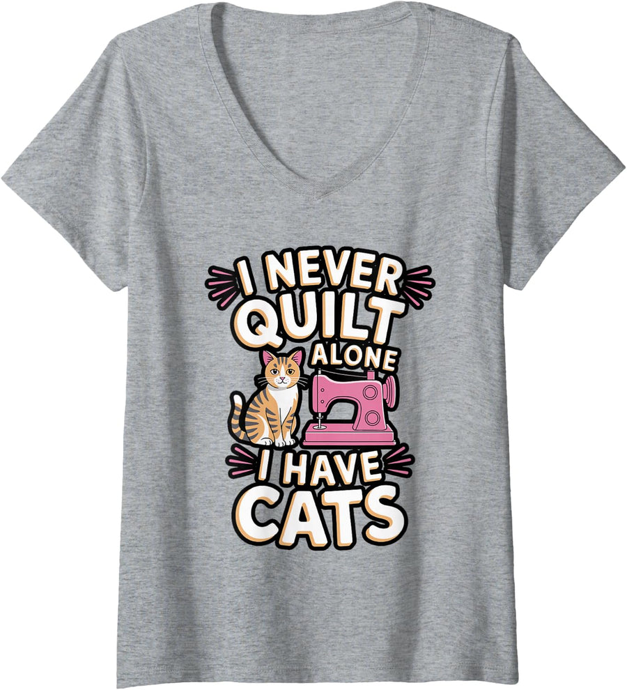 Women's Quilting with Cats Funny Quilter V-Neck T-Shirt - Heather Grey