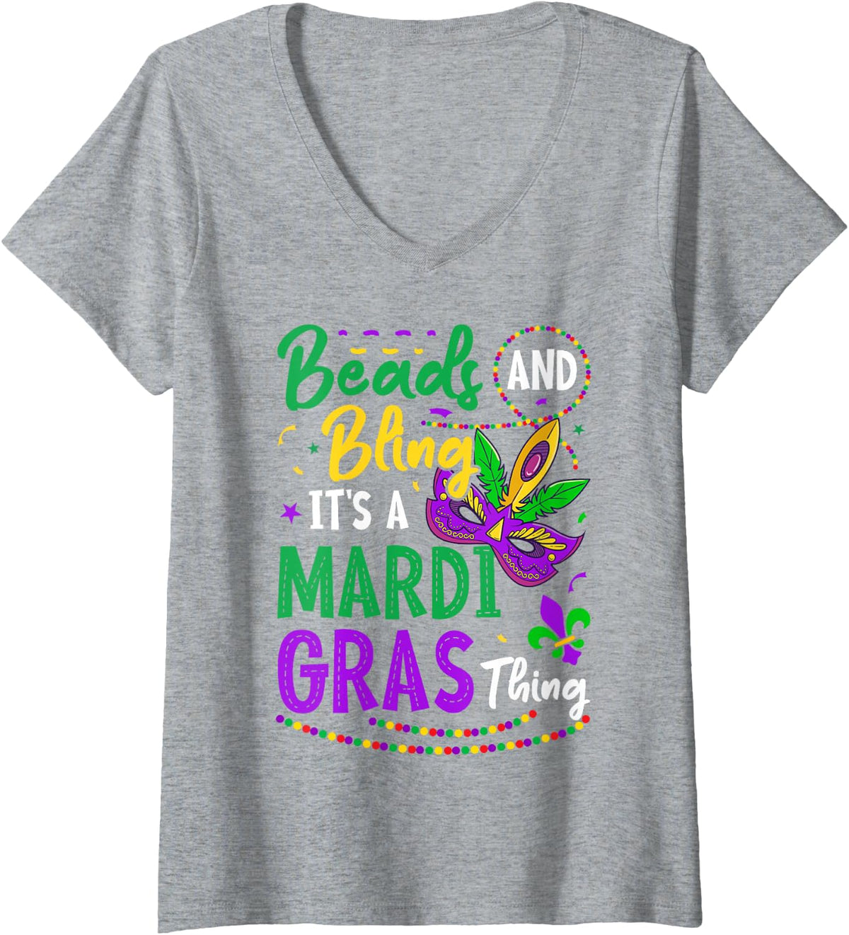 Womens Beads And Bling It's A Mardi Gras Thing V-Neck T-Shirt - Heather Grey