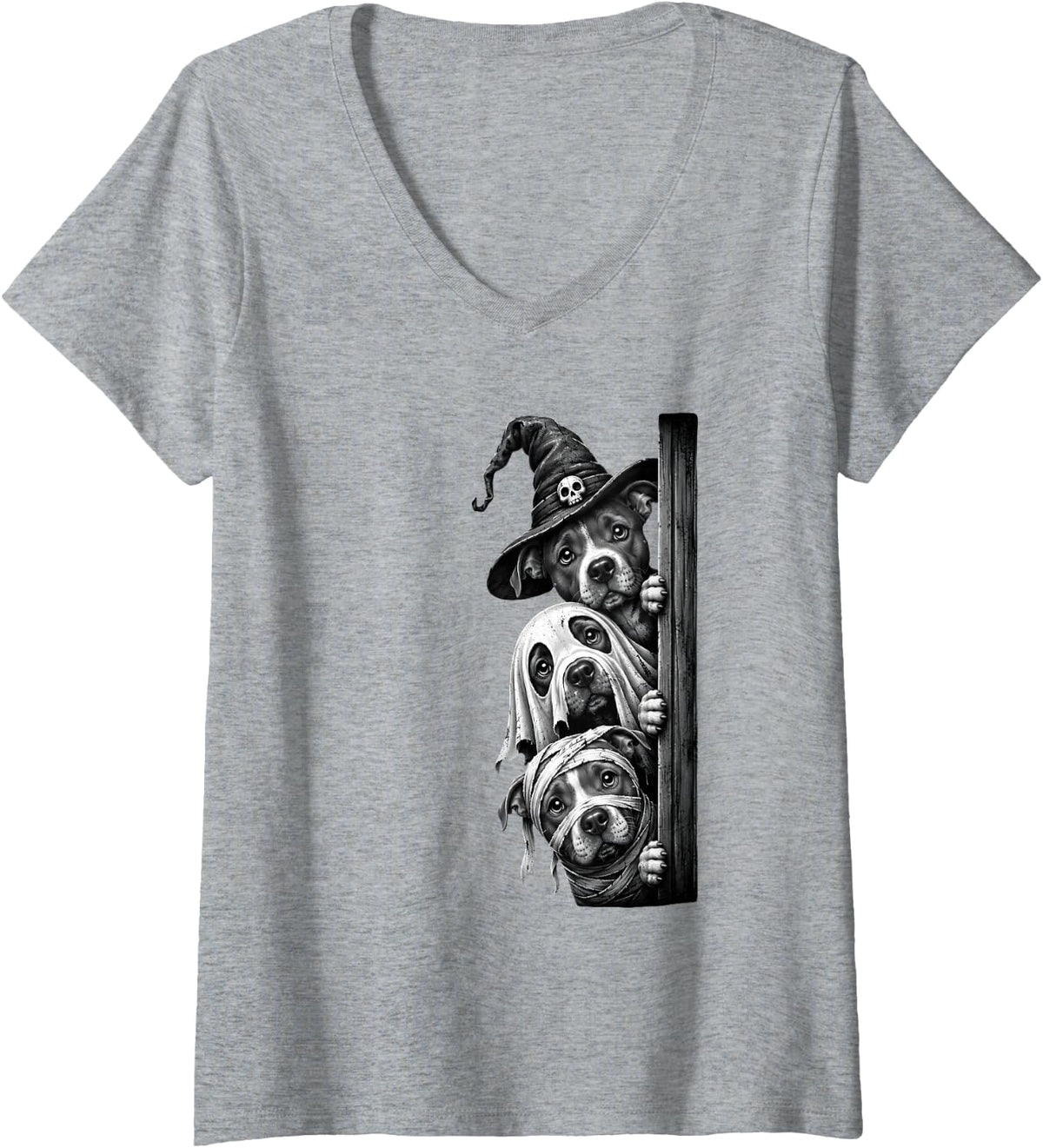 Women's Pitbull Witch Ghost Mummy Funny Halloween Costume Dog Lovers V-Neck T-Shirt - Heather Grey