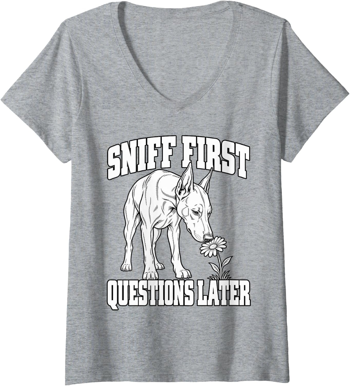 Women's Doberman Sniff First Questions Later Dog Lover Fans V-Neck T-Shirt - Heather Grey