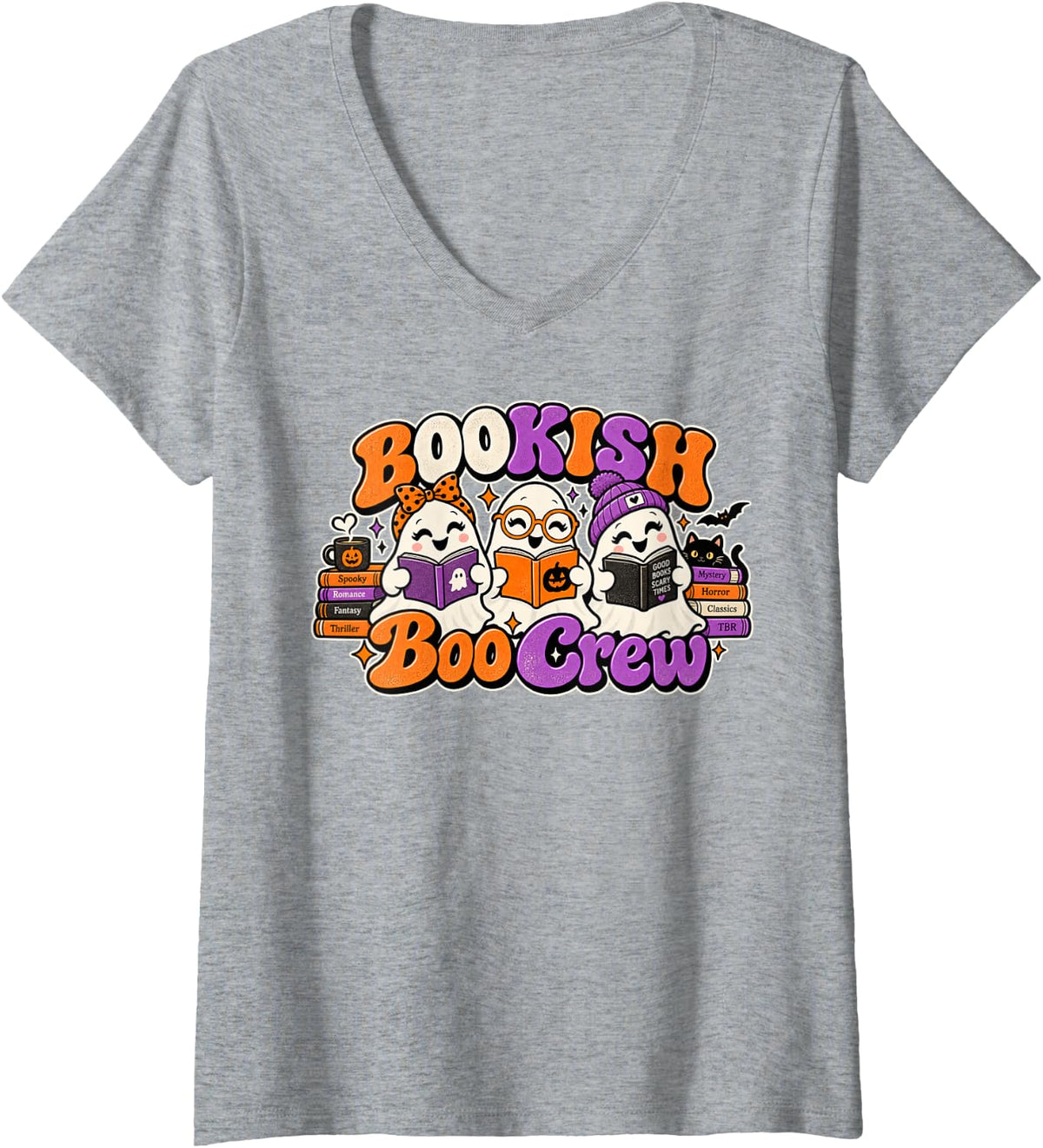 Women's Bookish Boo Crew Halloween Book Lover Librarian Cute Ghosts V-Neck T-Shirt - Heather Grey