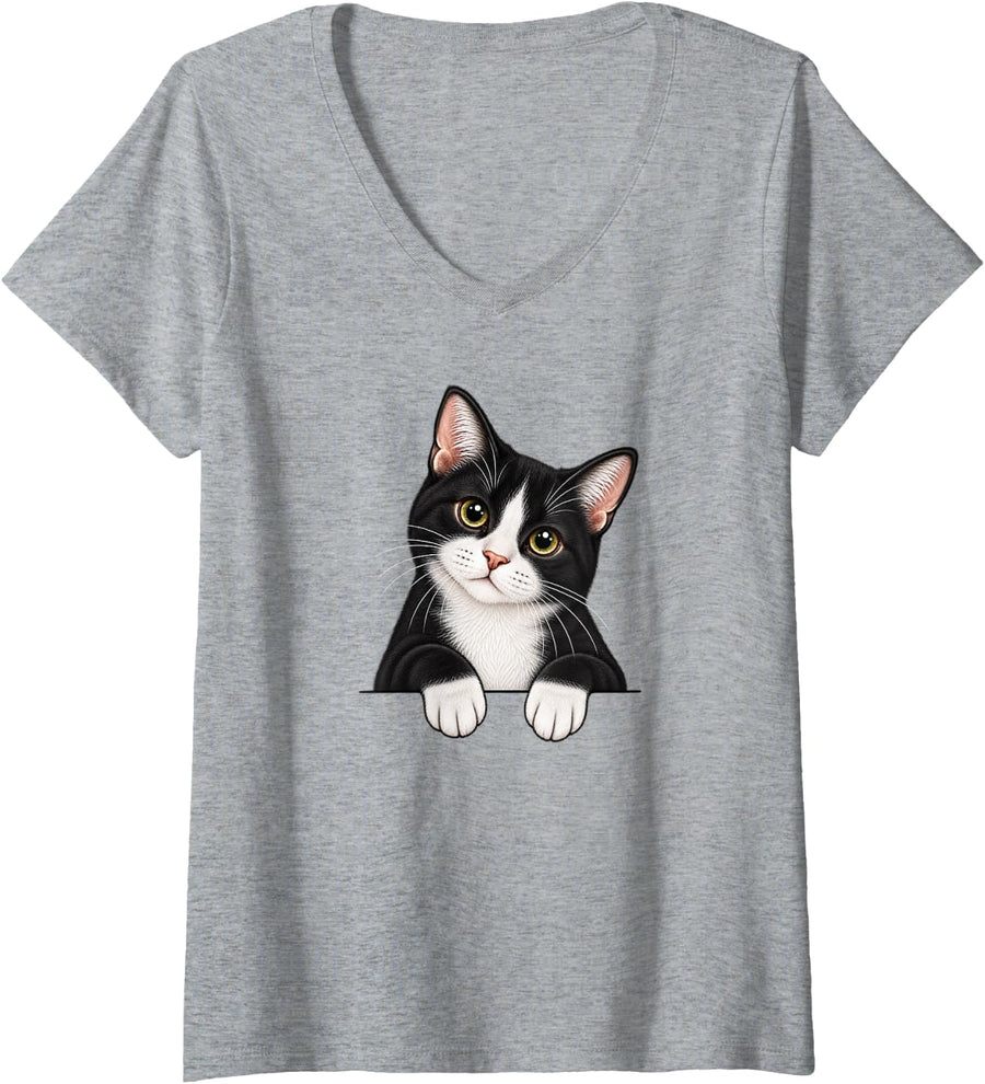 Women's Womens Girls Moms Pocket White Black Tuxedo Cat Lover Lady V-Neck T-Shirt - Heather Grey