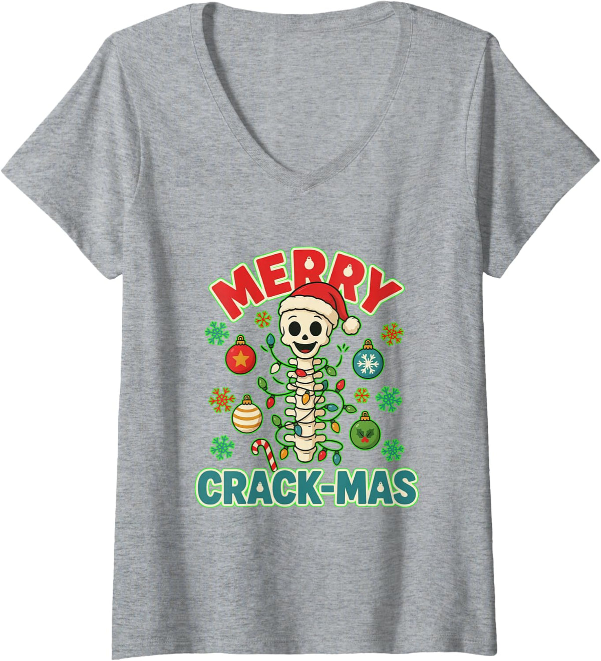 Women's Merry Crack-Mas Funny Chiropractor Christmas Spine V-Neck T-Shirt - Heather Grey