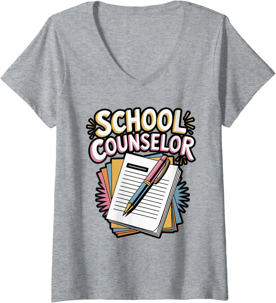 Women's School Counselor Word Cloud Rainbow V-Neck T-Shirt - Heather Grey