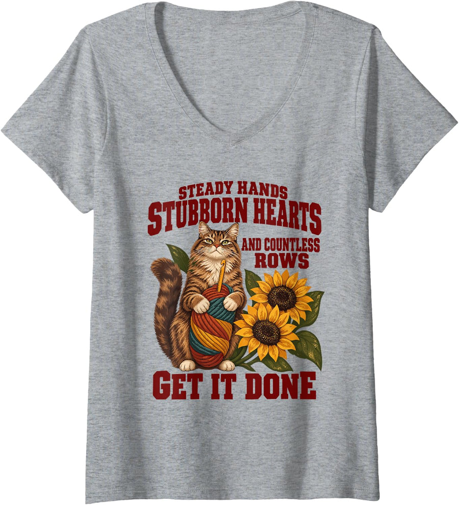 Women's Crochet Cat Steady Hands Stubborn Hearts Sunflower Humor V-Neck T-Shirt - Heather Grey