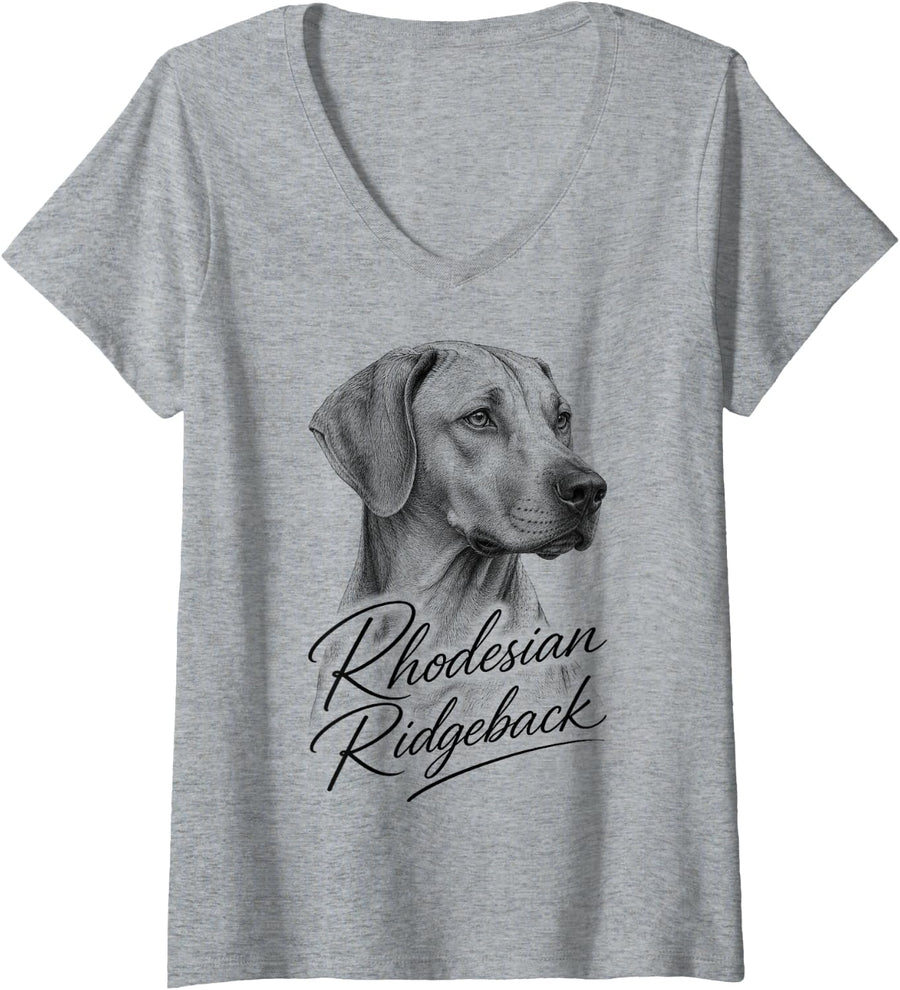 Women's Rhodesian Ridgeback Fine Art Portrait with Curved Text V-Neck T-Shirt - Heather Grey
