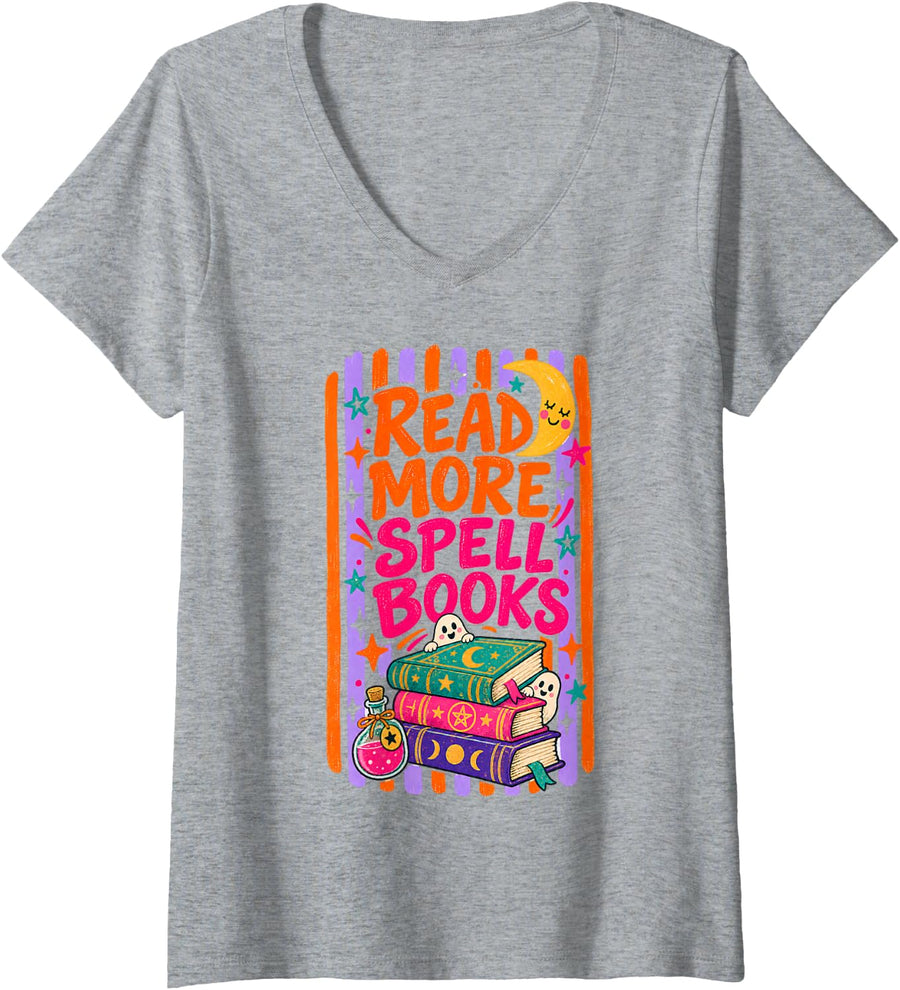 Women's Read More Spell Books Ghost Halloween Book Lover V-Neck T-Shirt - Heather Grey
