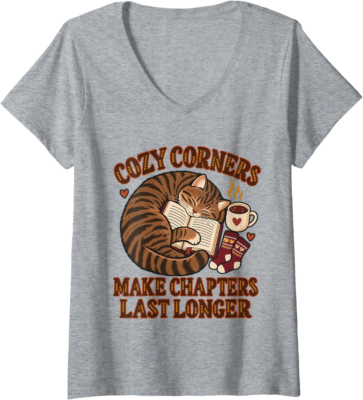 Women's Reading Cat Cozy Corners Make Chapters Last Longer Coffee V-Neck T-Shirt - Heather Grey
