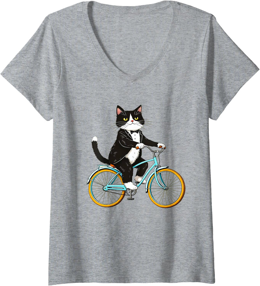 Women's Tuxedo Cat Riding Bike Funny Vintage Animal Lover V-Neck T-Shirt - Heather Grey
