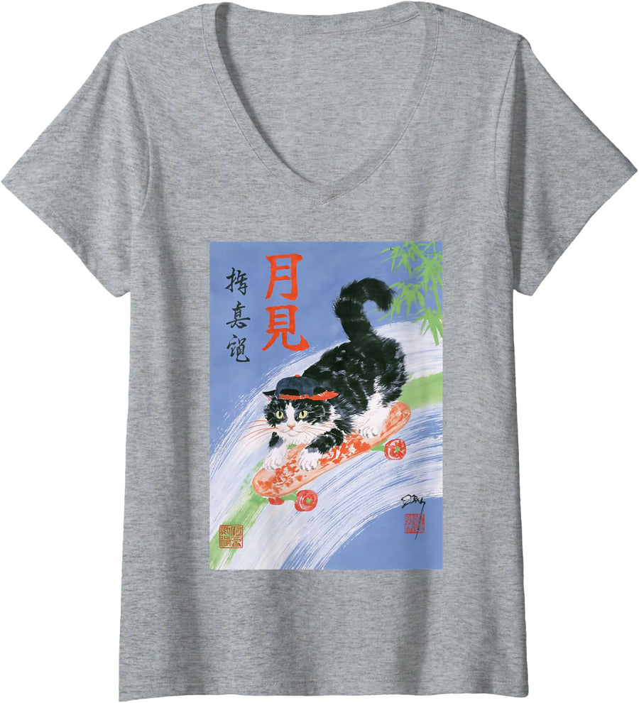 Women's Funny Japanese Cat Skateboard Men Women Kids Streetwear V-Neck T-Shirt - Heather Grey