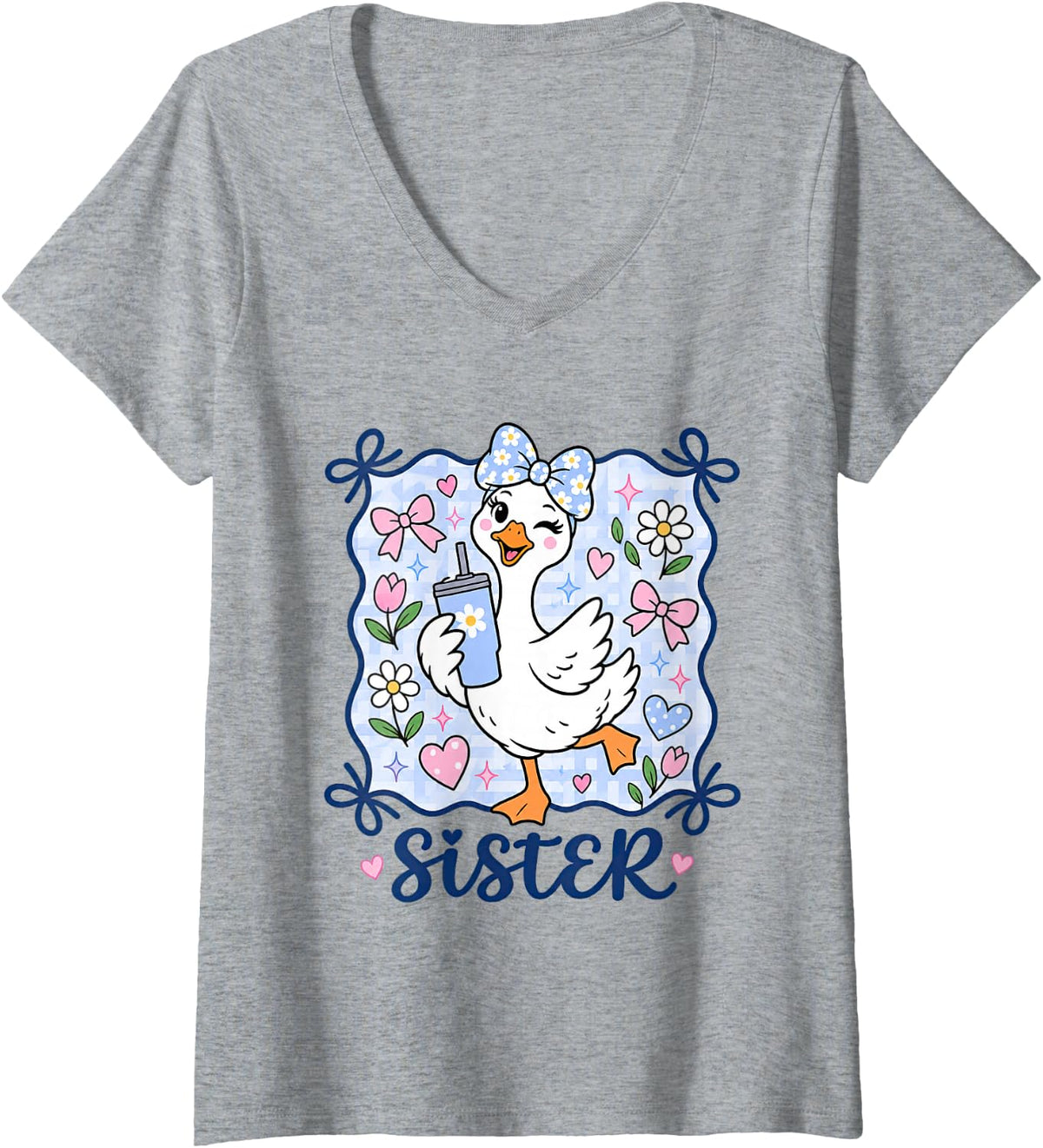 Women's Sister Mother's Day Goose Bow Tie Drinking Coffee Farmer V-Neck T-Shirt - Heather Grey