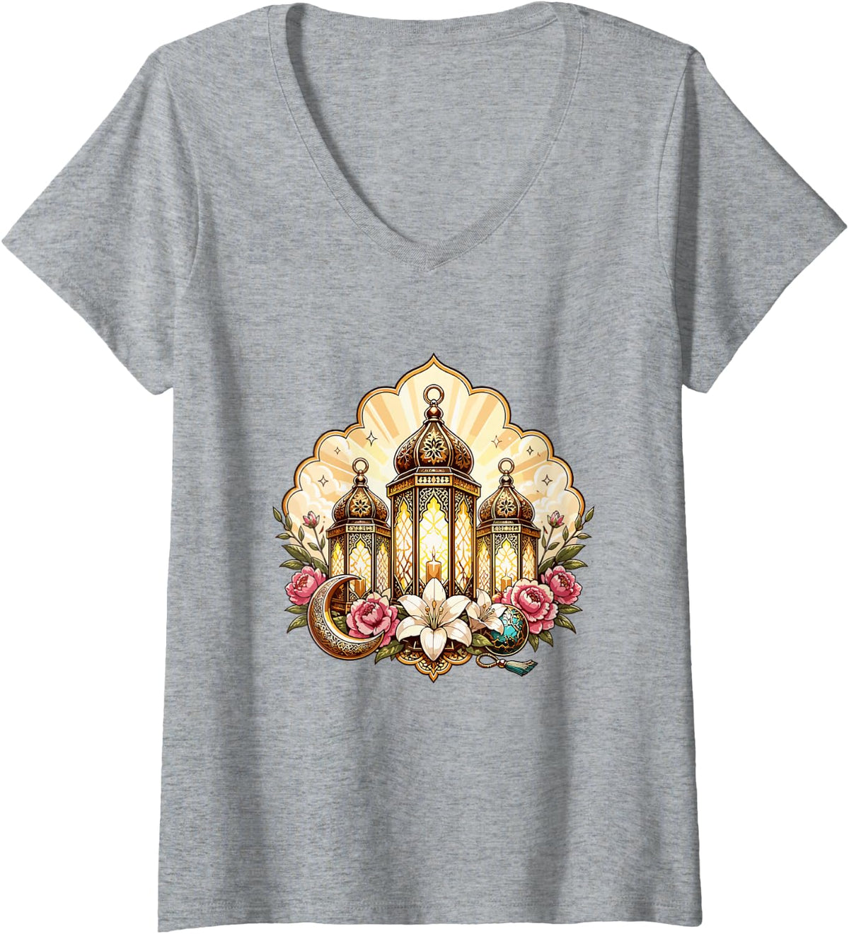 Women's Ramadan Kareem Islamic Lantern Crescent Florals V-Neck T-Shirt - Heather Grey