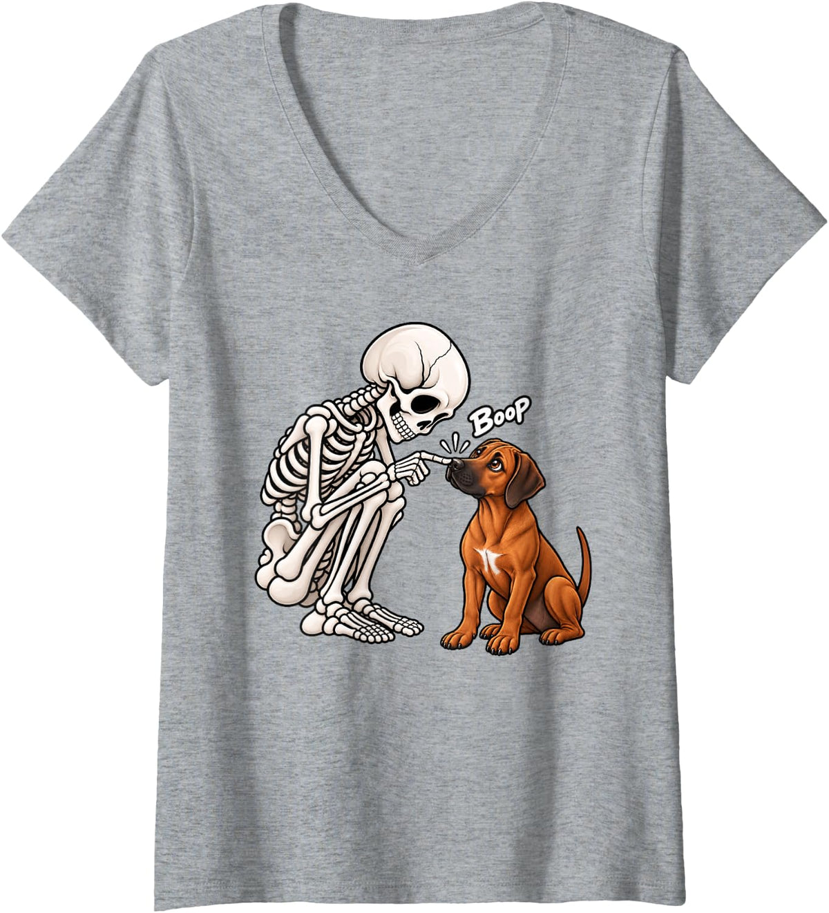 Women's Funny Skeleton Rhodesian Ridgeback Boop Halloween Dog Lover V-Neck T-Shirt - Heather Grey