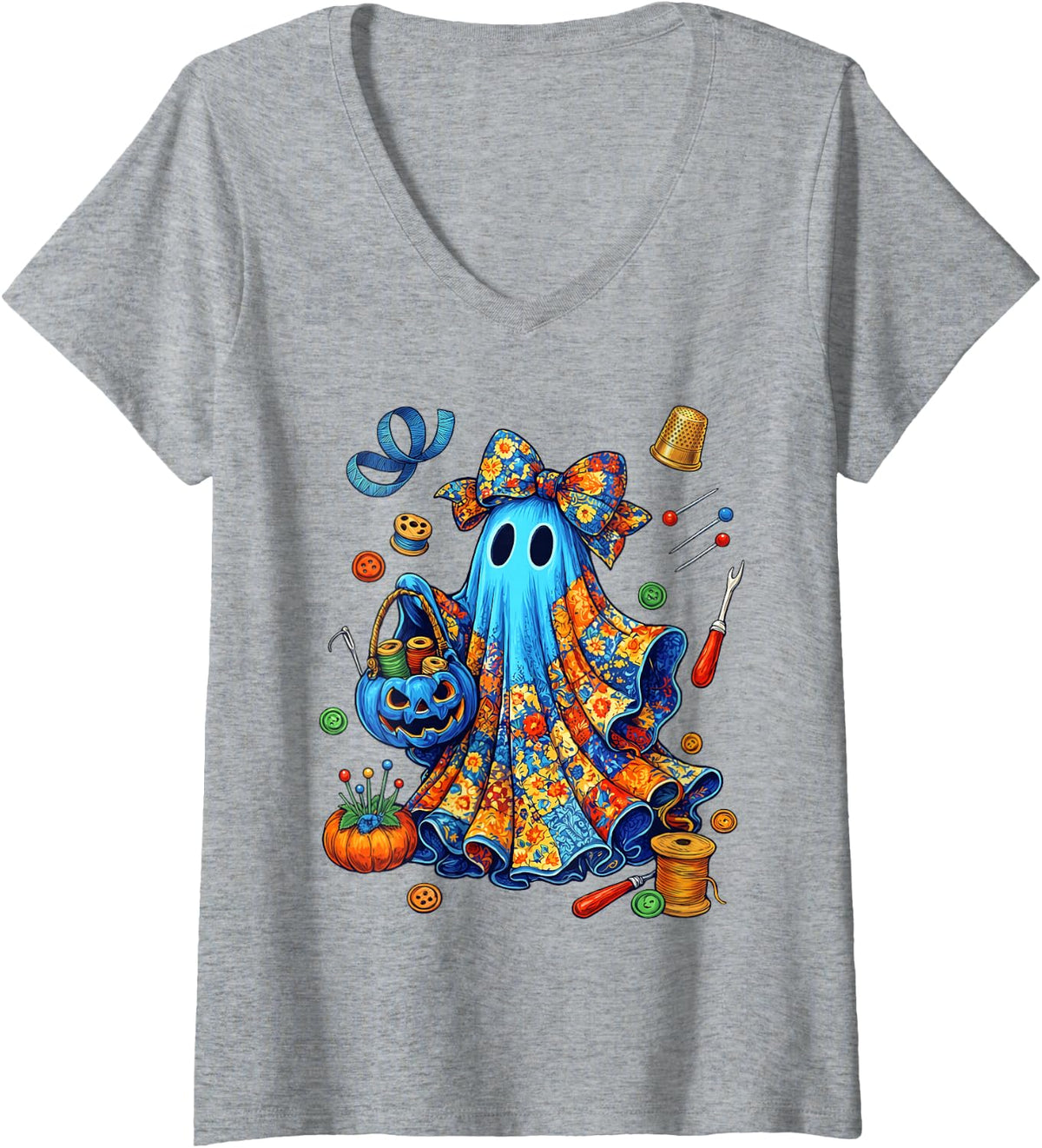 Women's Seamstress Halloween Patchwork Ghost Pumpkin Quilting Sewing V-Neck T-Shirt - Heather Grey