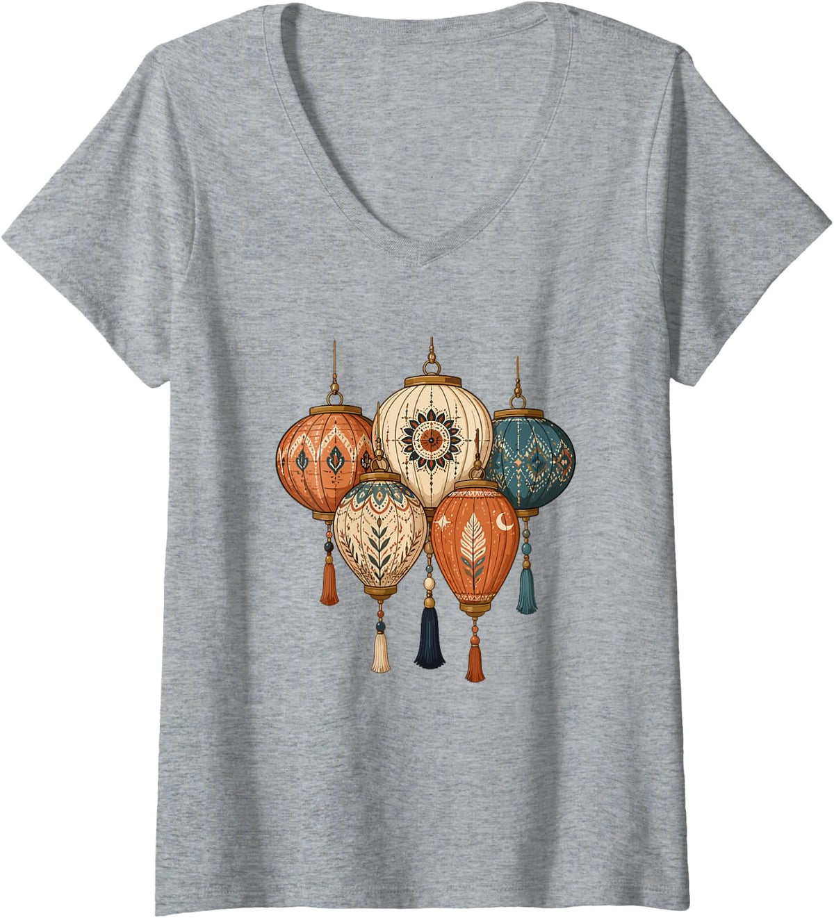 Women's Boho Hanging Lanterns Ramadan Eid Celebration V-Neck T-Shirt - Heather Grey