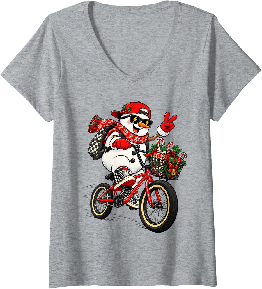 Women's Funny Cool Snowman Riding Bike Christmas Cycling Holiday V-Neck T-Shirt - Heather Grey