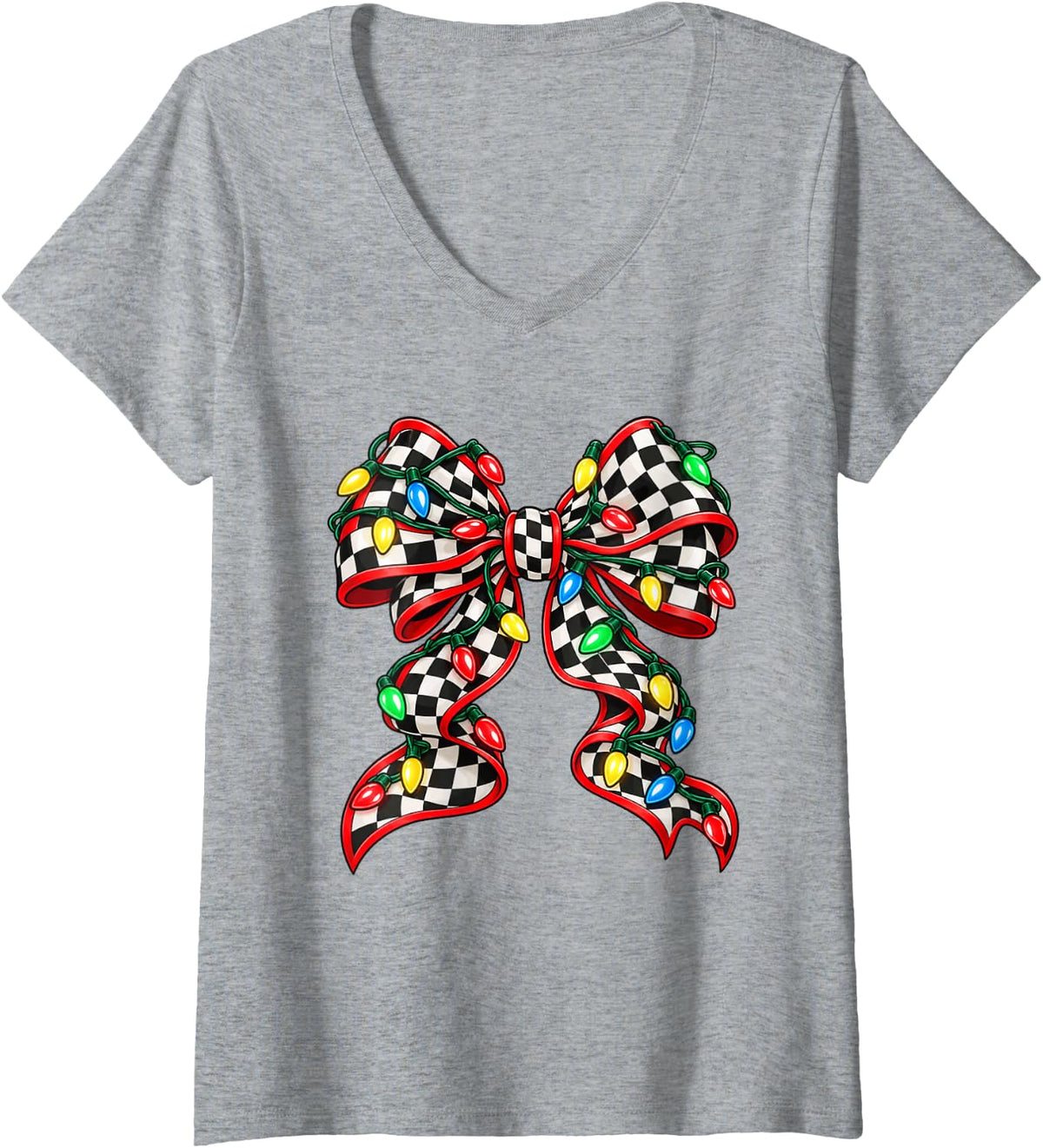 Women's Christmas Racing Bow Checker Flag String Lights Race Fan V-Neck T-Shirt - Heather Grey