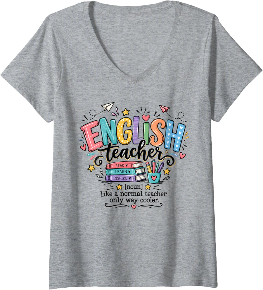 Women's English Teacher Definition Funny Back to School Language V-Neck T-Shirt - Heather Grey