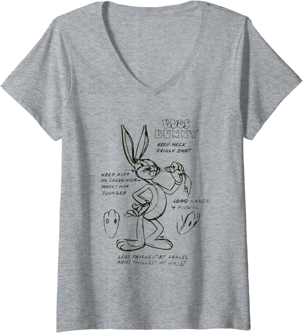 Women's Looney Tunes Bugs Bunny Drawing Instruction Line Art Light V-Neck T-Shirt - Heather Grey