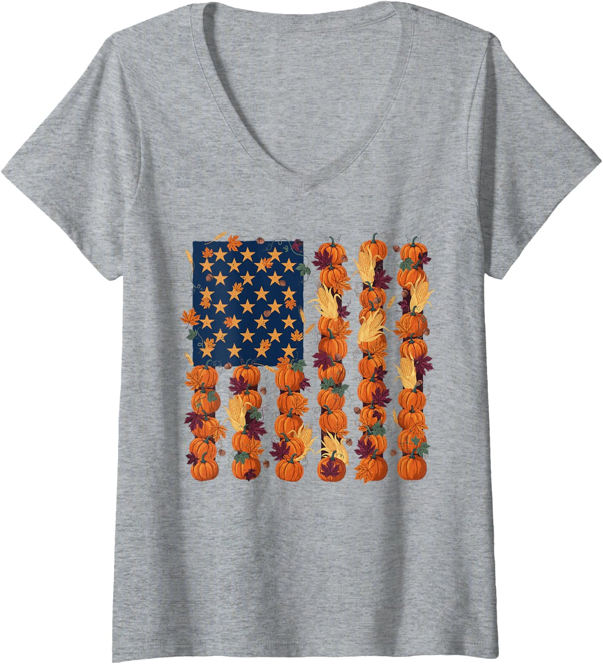 Women's American Flag Fall Harvest Pumpkins Autumn Leaves Corn Farm V-Neck T-Shirt - Heather Grey