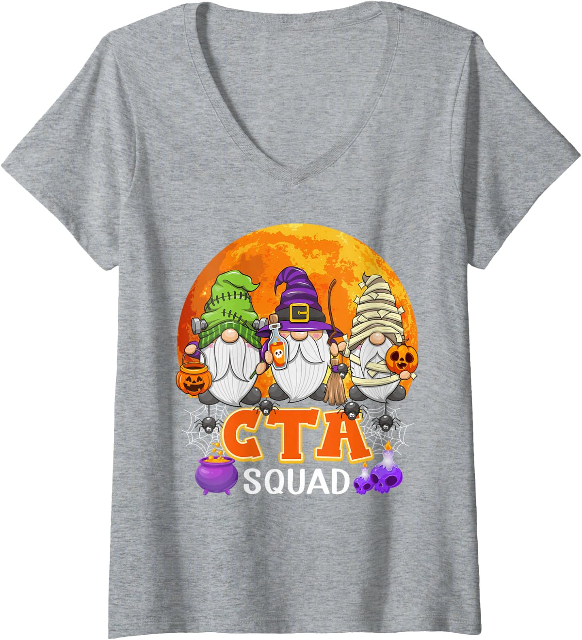 Women's CTA Squad Halloween Chiropractic Therapy Gnome Matching V-Neck T-Shirt - Heather Grey