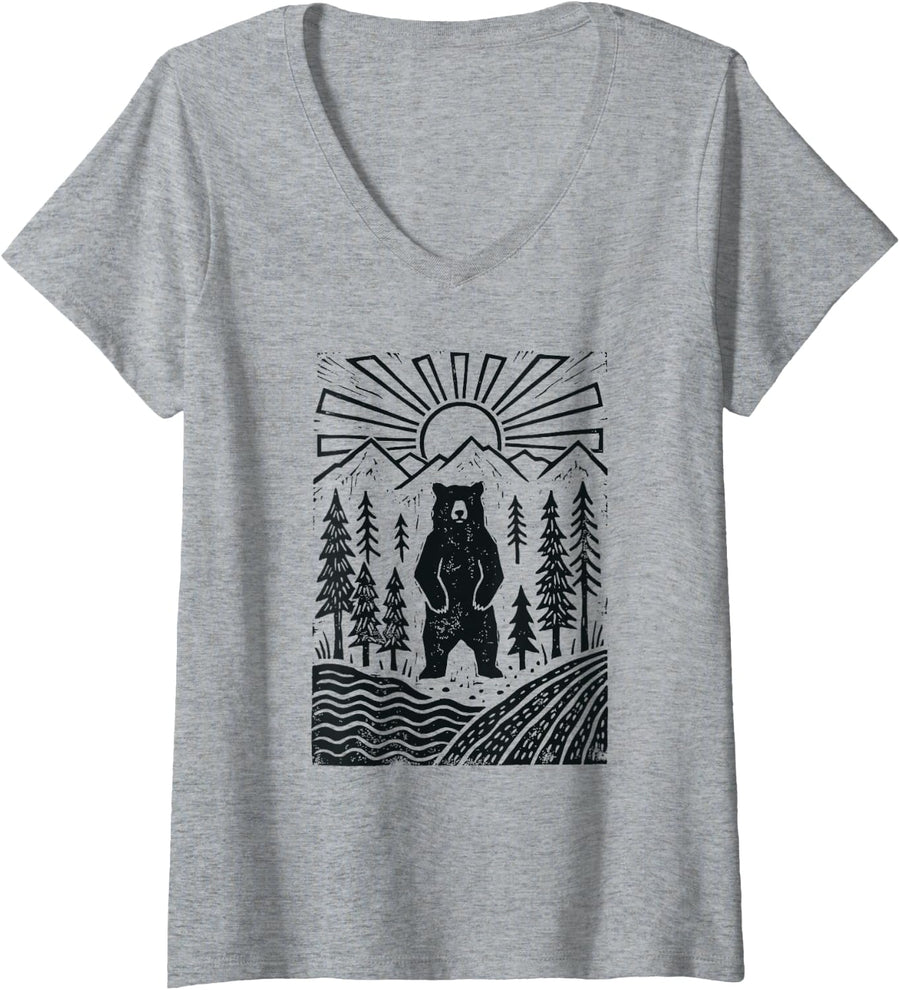 Women's Vintage Linocut Bear Mountain Forest Sun Nature Lover V-Neck T-Shirt - Heather Grey