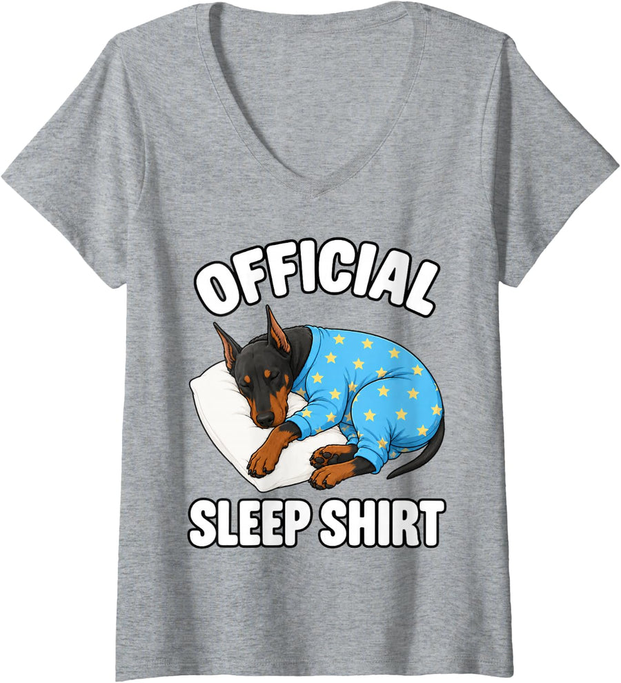 Women's Doberman Sleeping in Pajamas Official Sleepshirt Cute V-Neck T-Shirt - Heather Grey