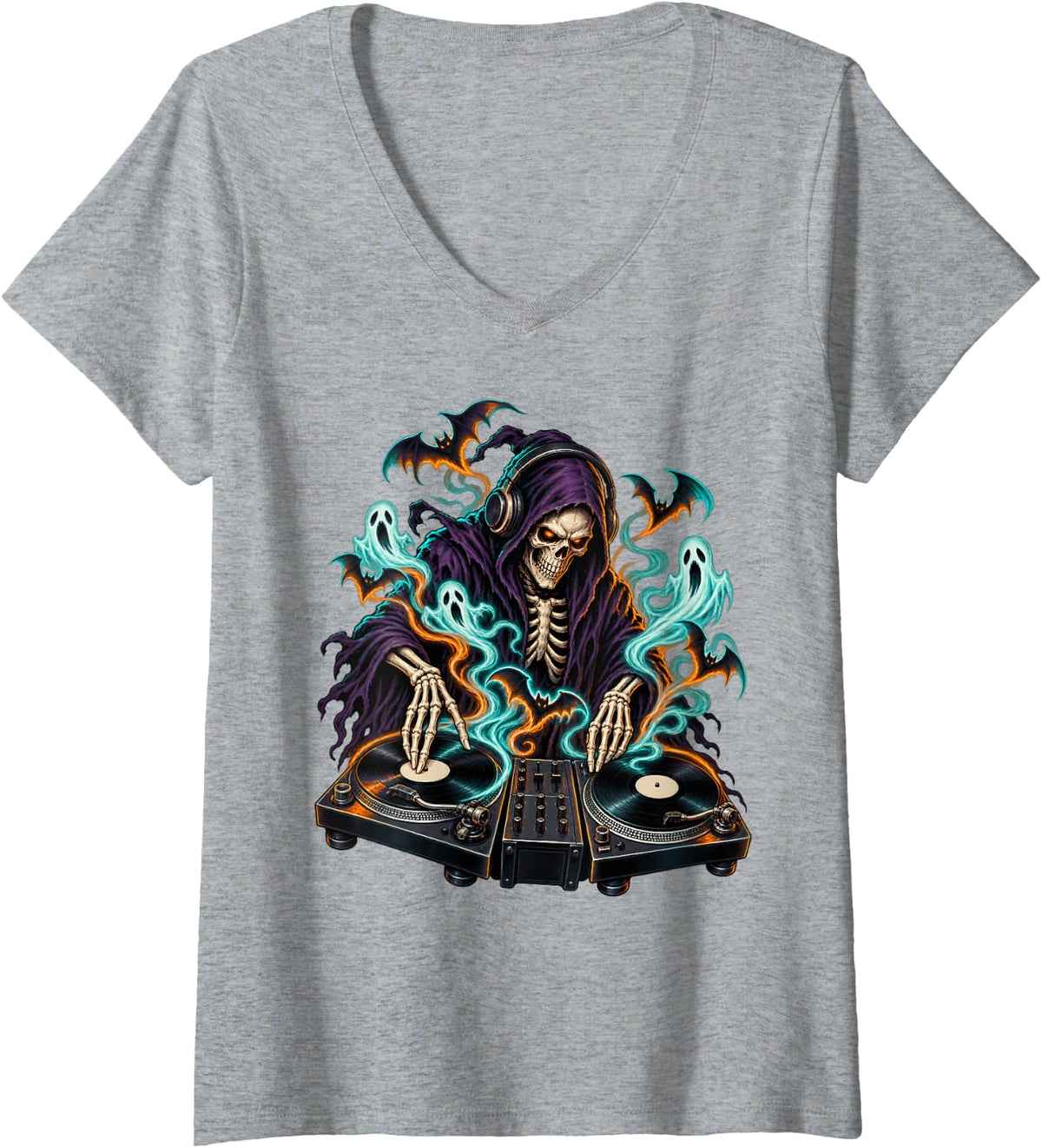 Women's Grim Reaper DJ Turntable Halloween Spooky Horror V-Neck T-Shirt - Heather Grey