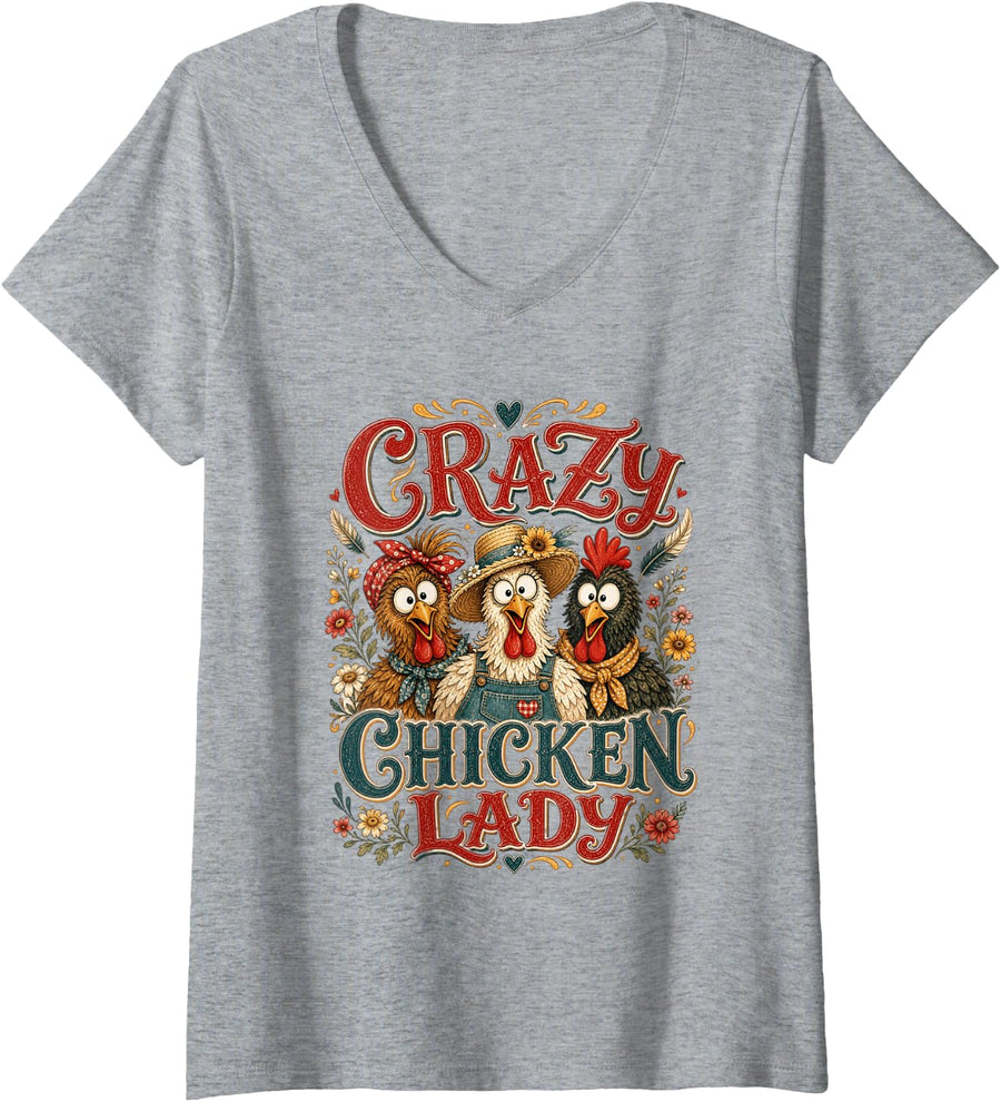 Women's Crazy Chicken Lady V-Neck T-Shirt - Heather Grey