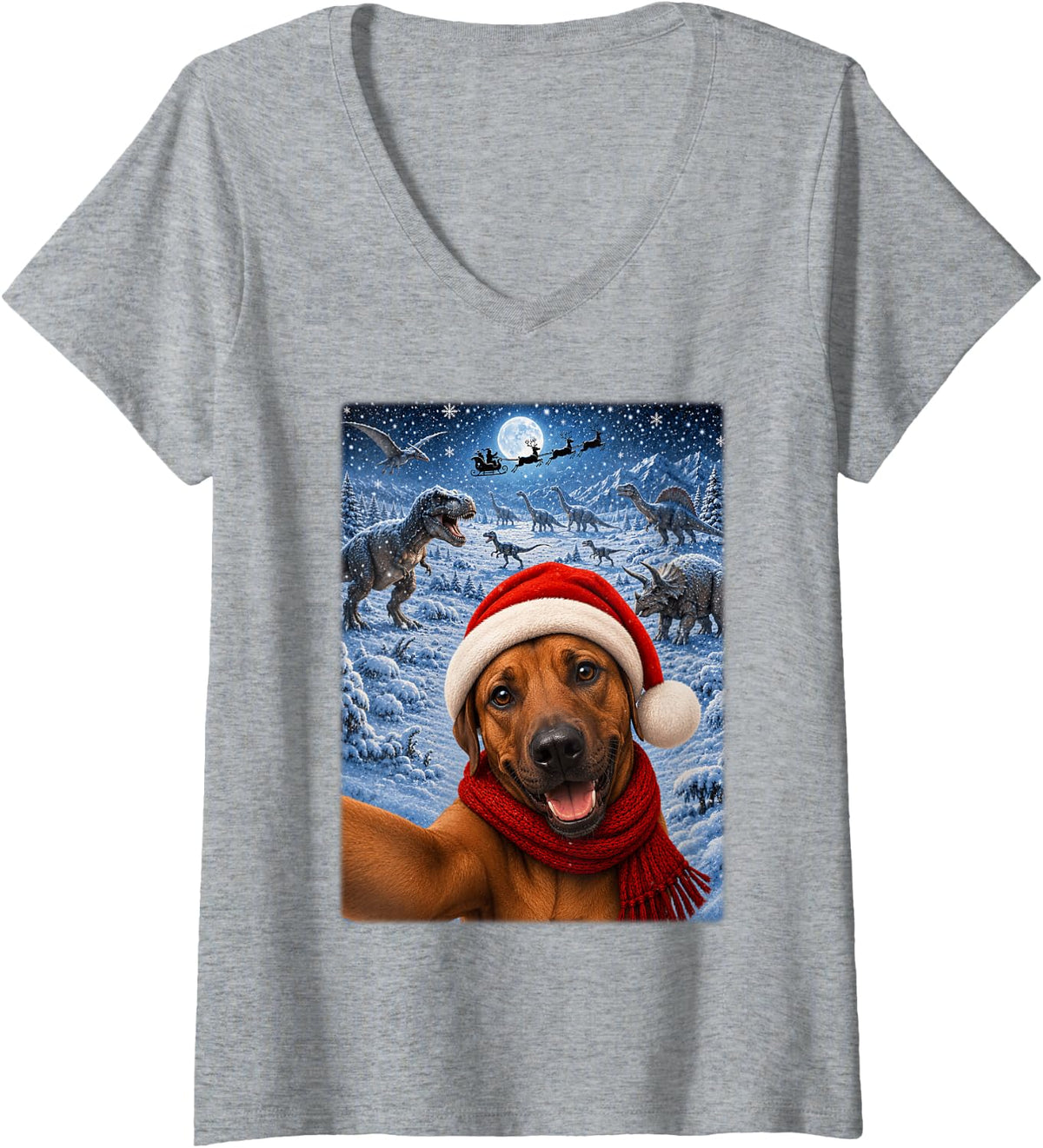 Women's Rhodesian Ridgeback Dog Christmas Moon Night Dinosaurs Xmas V-Neck T-Shirt - Heather Grey