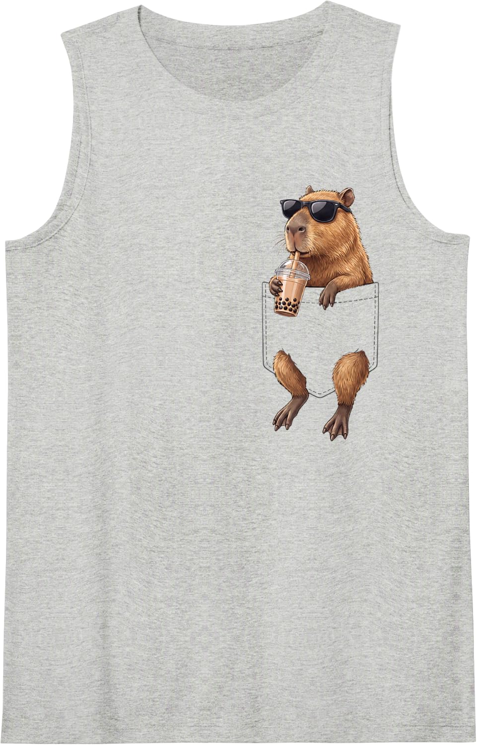 Capybara Pocket Drinking Bubble Tea Boba Tea Lover Sleeveless Tank Top - Heather Grey