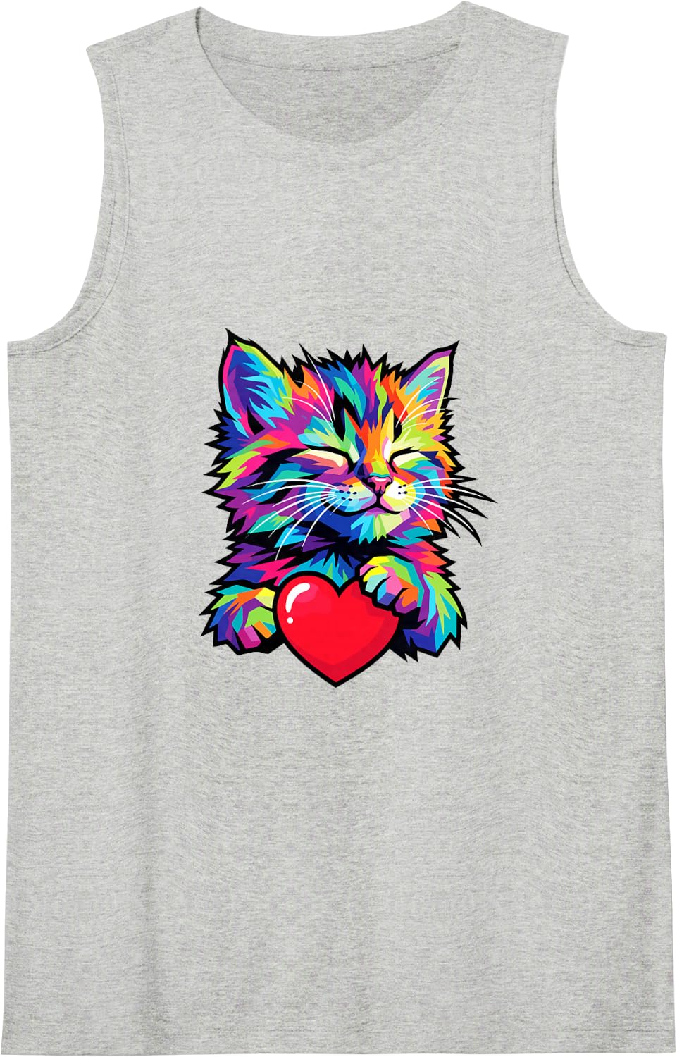 Fluffy Rainbow Cat Hugging Red Heart Cute Kitten Sleeveless Tank Top - Heather Grey