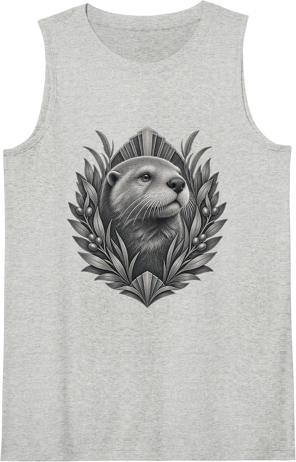 Monochrome Sea Otter with Leaves Berries and Geometric Fans Sleeveless Tank Top - Heather Grey