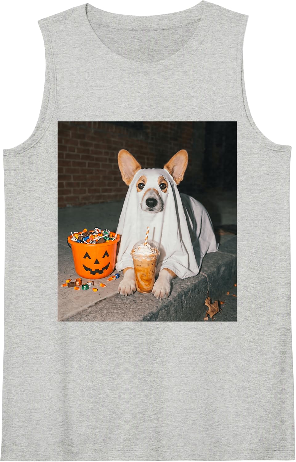 Corgi Ghost Dog Meme Pumpkin Iced Coffee Halloween Tank Top - Heather Grey
