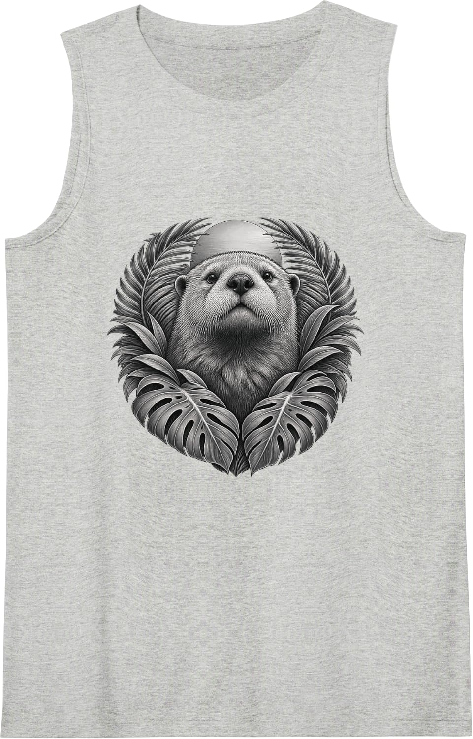 Sea Otter Portrait with Palm Fronds and Split Leaves Sleeveless Tank Top - Heather Grey