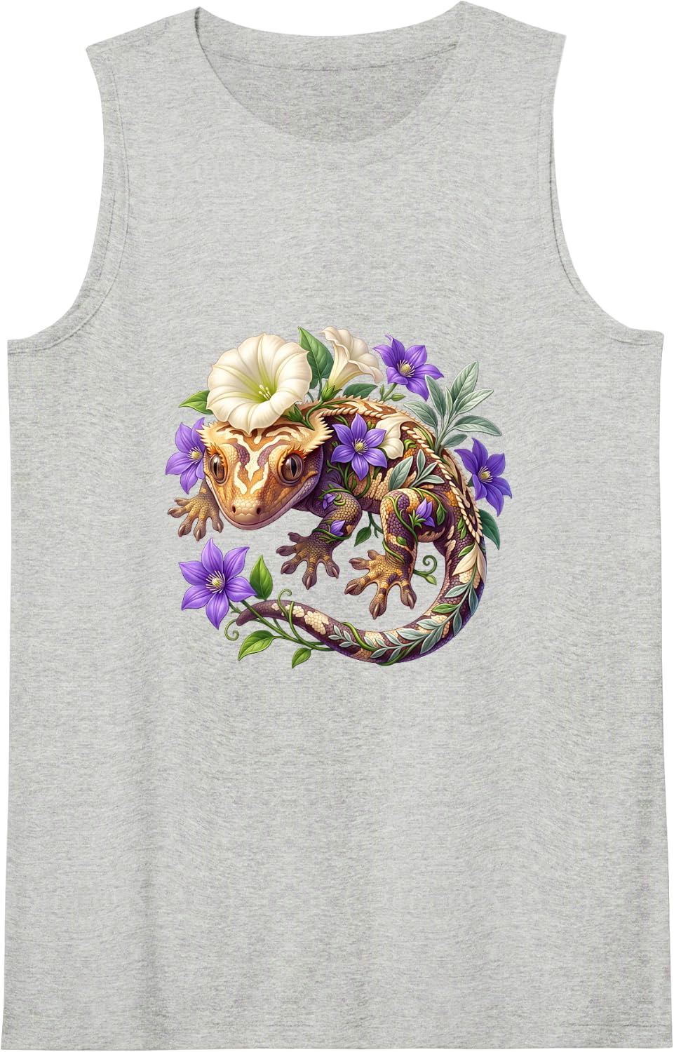 Crested Gecko with Bright Botanical Flowers Sleeveless Tank Top - Heather Grey