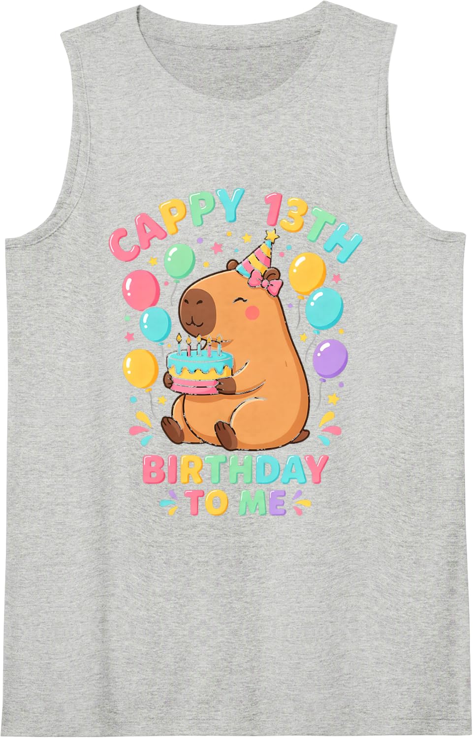 Capybara 13th Birthday Cappy Birthday to Me Balloons Cake Sleeveless Tank Top - Heather Grey