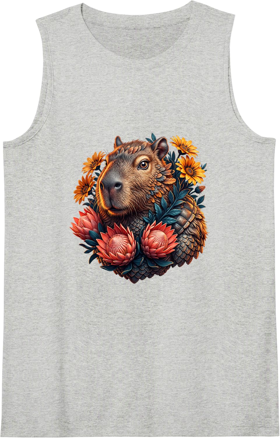 Capybara with Protea and White Daisies Sleeveless Tank Top - Heather Grey