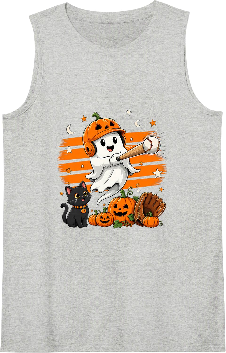 Halloween Baseball Ghost Pumpkin Black Cat Sports Player Fan Sleeveless Tank Top - Heather Grey