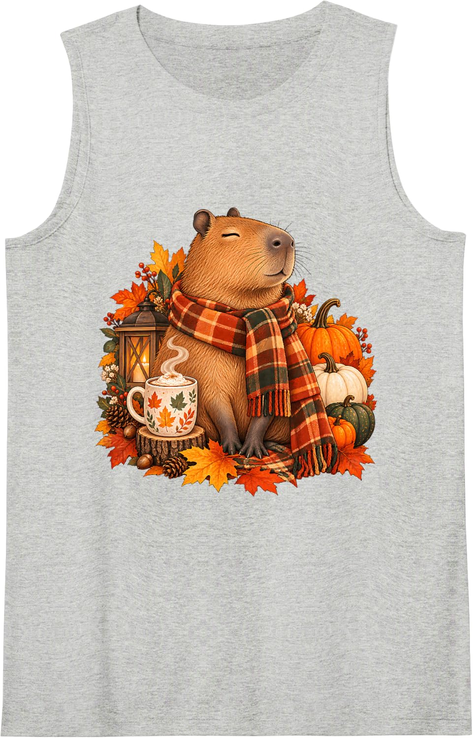 Capybara Plaid Scarf Hot Cocoa Coffee Tea Fall Autumn Sleeveless Tank Top - Heather Grey