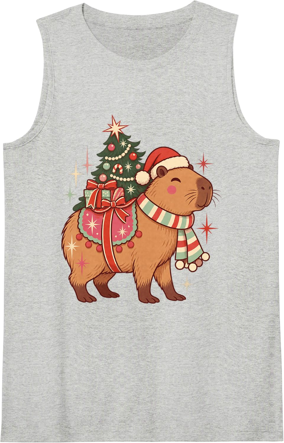 Cute Capybara Christmas Holiday Tree Animal Lover Sleeveless Tank Top - Heather Grey