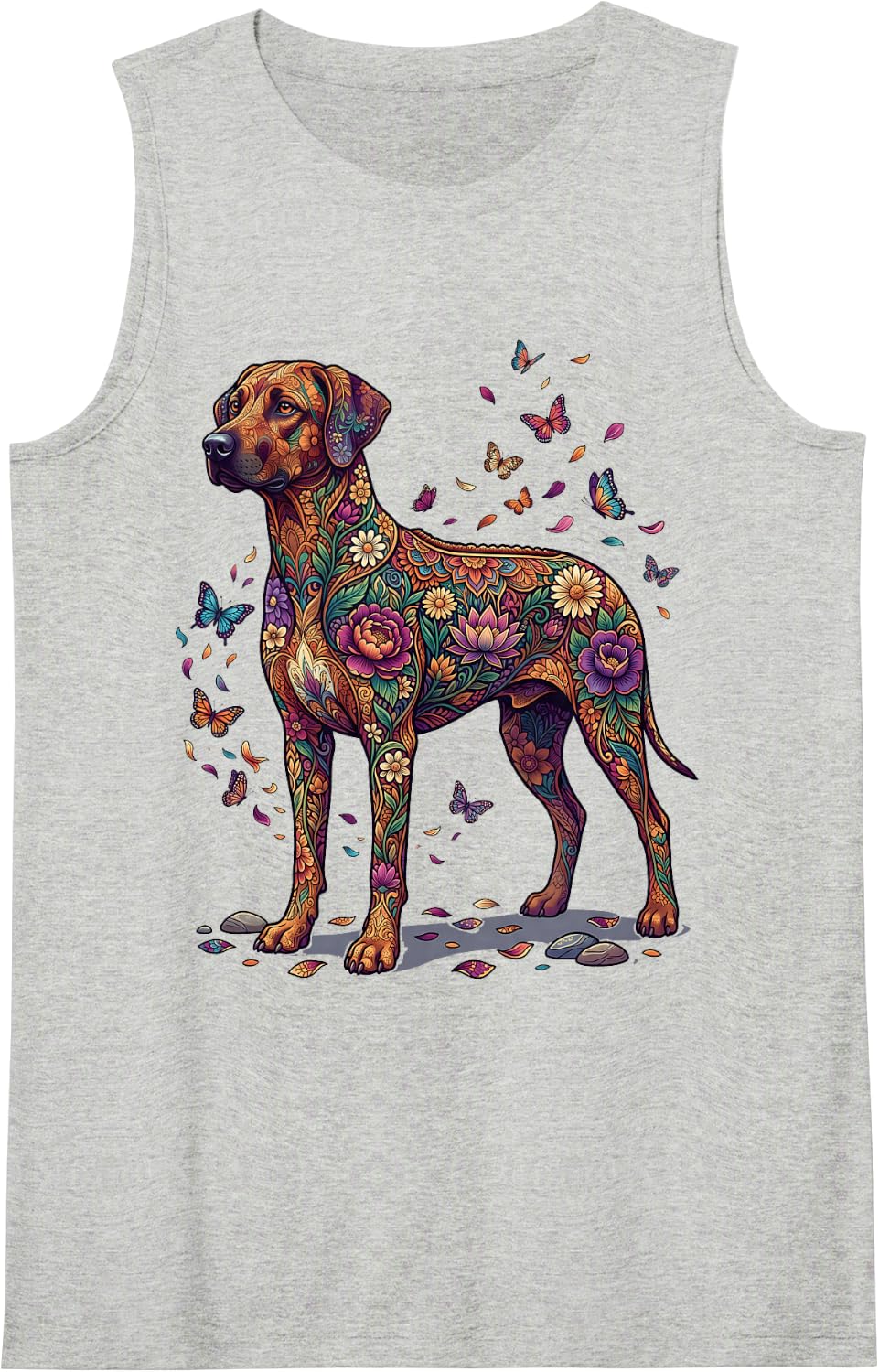 Rhodesian Ridgeback Dog Colorful Floral Butterfly Flowers Tank Top - Heather Grey