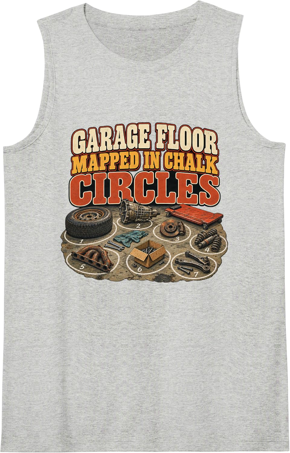 Garage Floor Mapped in Chalk Circles Car Mechanic Graphic Sleeveless Tank Top - Heather Grey