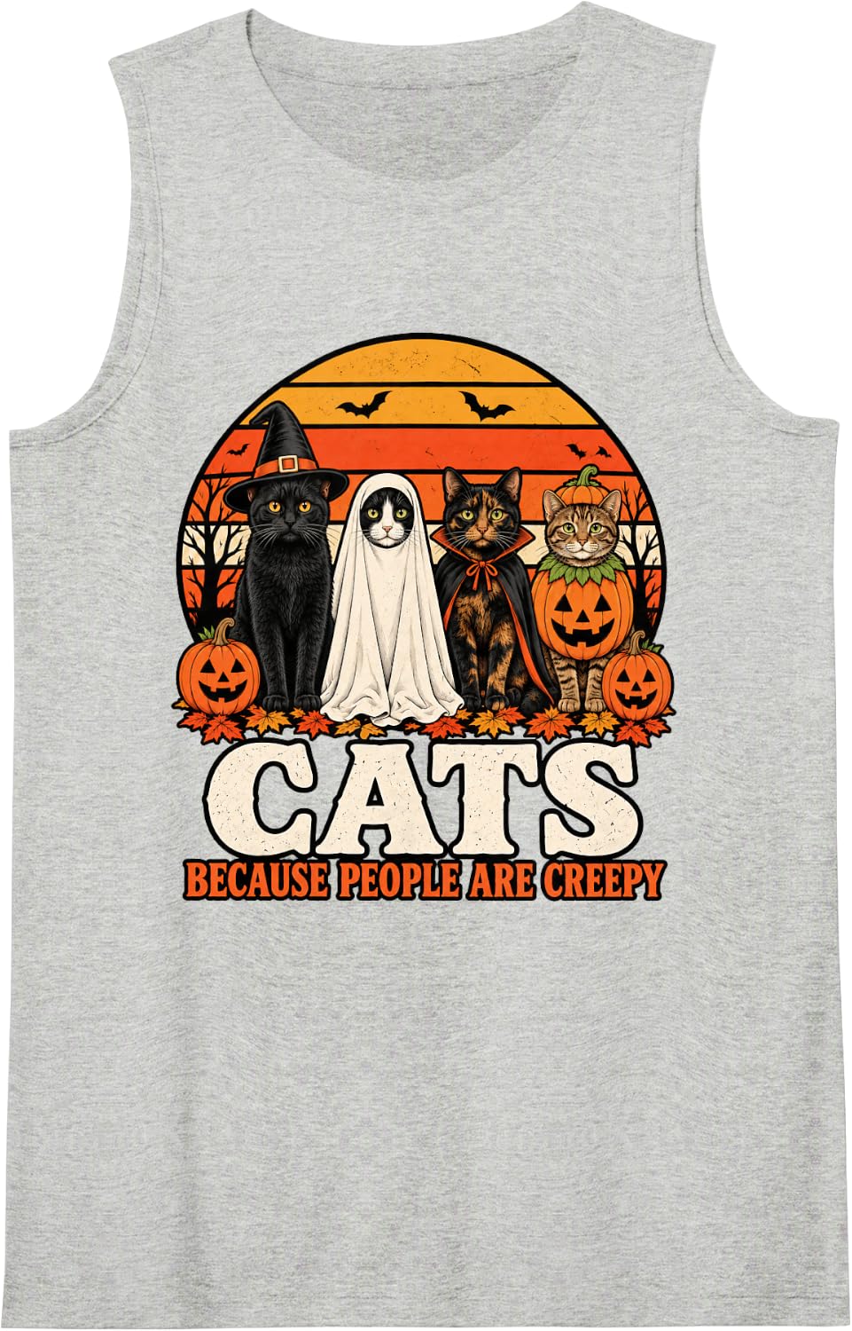 Cats Because People are Creepy Halloween Black Cat Sleeveless Tank Top - Heather Grey