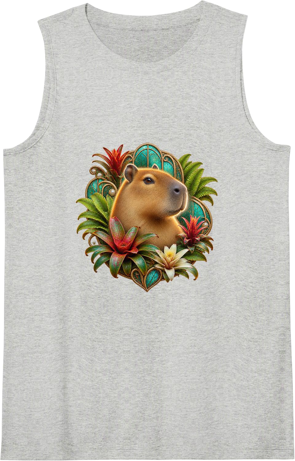 Capybara with Bromeliads and Ferns Sleeveless Tank Top - Heather Grey