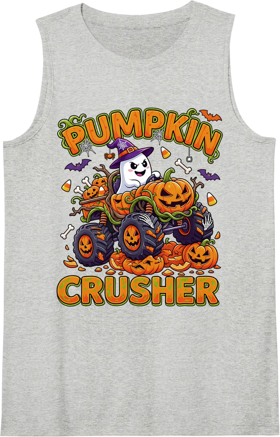 Pumpkin Crusher Monster Truck Ghost Halloween Spooky Season Sleeveless Tank Top - Heather Grey