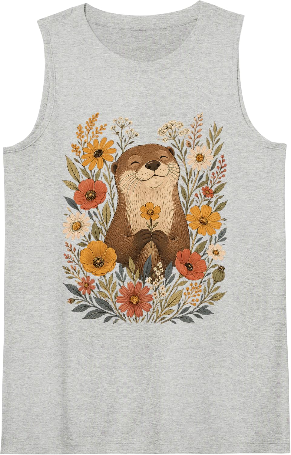 Wildflower Art Floral Sea Otters Lover Sleeveless Tank Top - Heather Grey