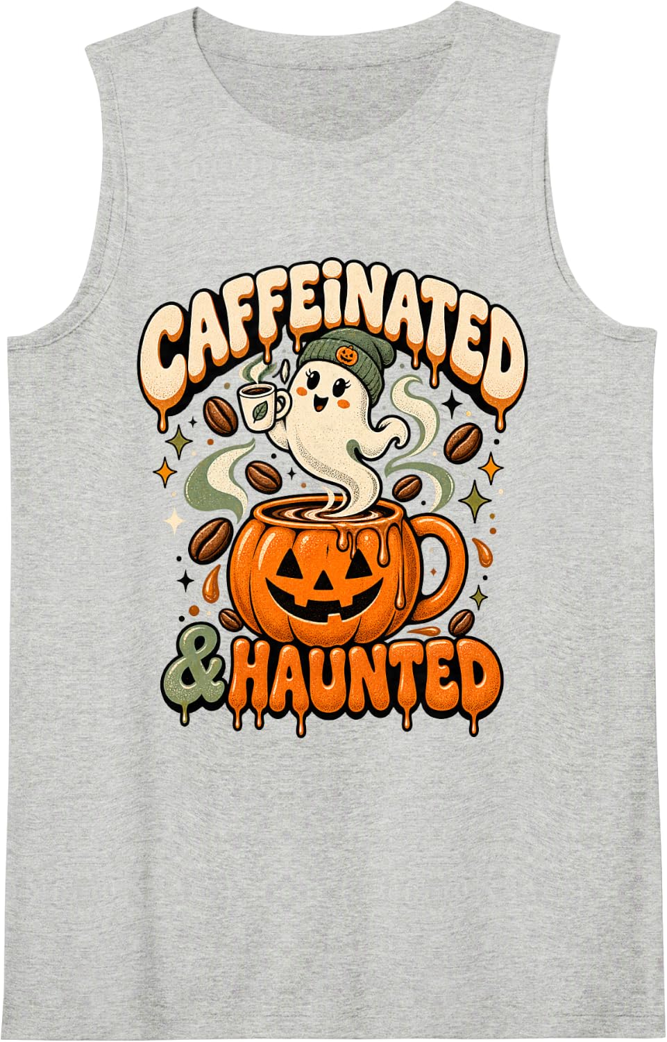 Halloween Caffeinated & Haunted Funny Graphic Design Costume Sleeveless Tank Top - Heather Grey